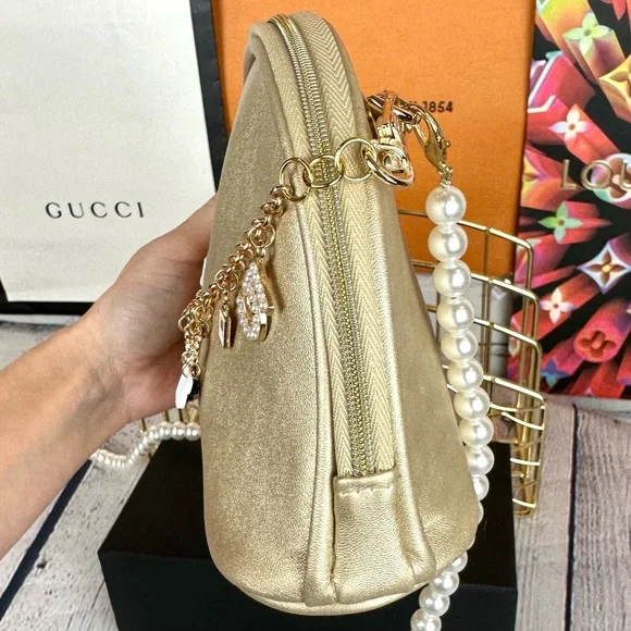 CHANEL gold metallic Crossbody pouch with bag charm and pearl chain - Picture 7 of 16